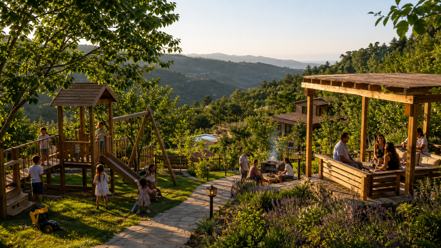 Family gardens, play and barbecue concept